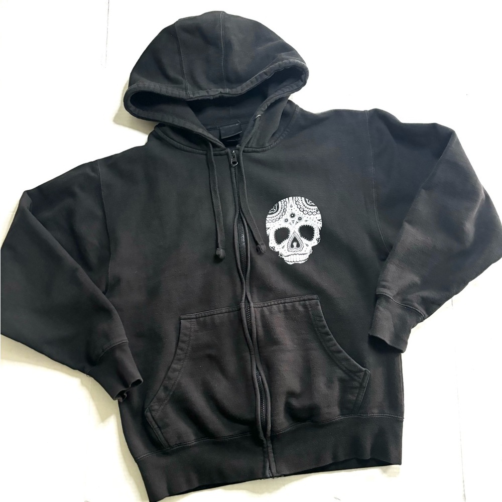 SKULL Print Heart Shape Full Zip Black Hoodie Sweatshirt Pockets Women's Size M - Picture 2 of 9